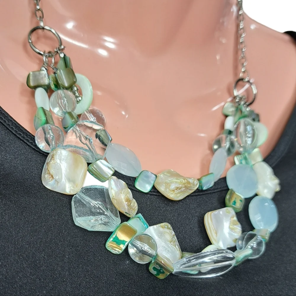 Women's Silver Tone Light Green Faux Mother of Pearls Necklace 10 Inches - Picture 3 of 16